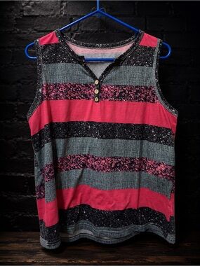 SHEIN Pink, Gray & Black Striped Henley Tank